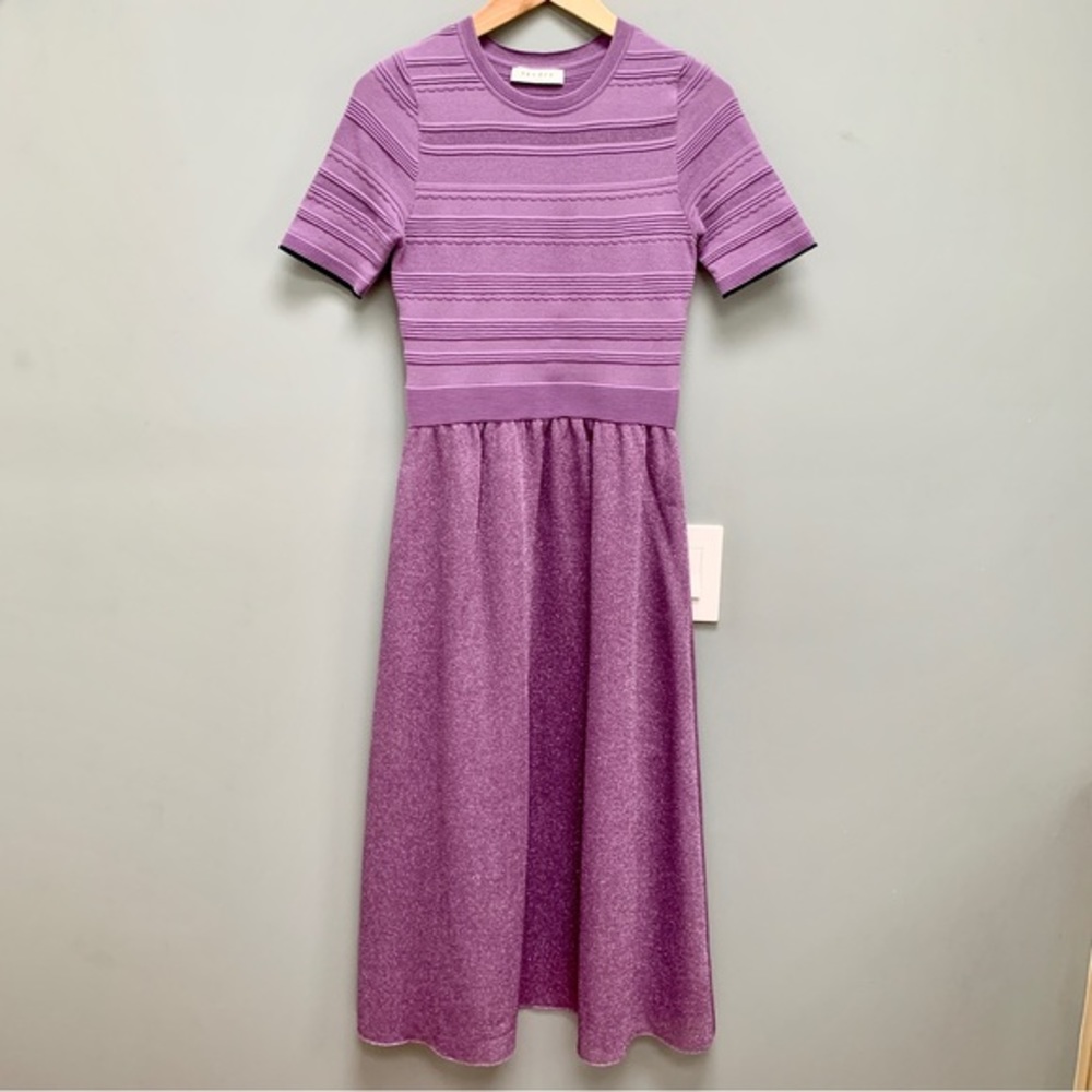 Sandro Paris Knit Metallic Purple Short Sleeve Midi Dress